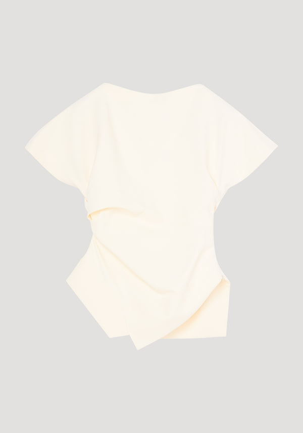 Draped lapel top | off white: Asymmetrical short-sleeve top with sculptural folds, slashed neckline, and angular hemline, showcasing modern tailoring.