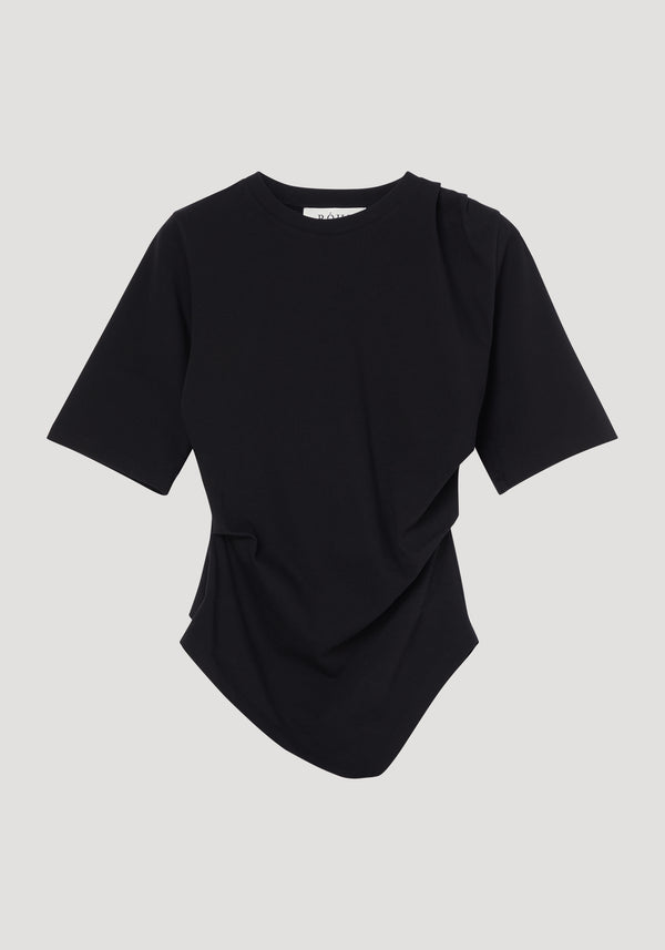 Reinvented twisted t-shirt | black: A black short-sleeve top with a crew neckline and asymmetrical draped hem, offering a sculptural, fitted design in organic cotton.
