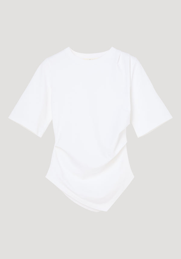 Reinvented twisted t-shirt in optic white, featuring a sculptural asymmetrical drape, fitted waist, and elbow-length sleeves. Made from 100% organic cotton.