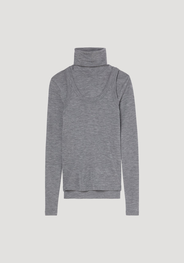 Double-layer wool top | mid grey melange: Women's grey heathered long-sleeve turtleneck with sleeveless scoop-neck overlay, showcasing a layered merino jersey design.