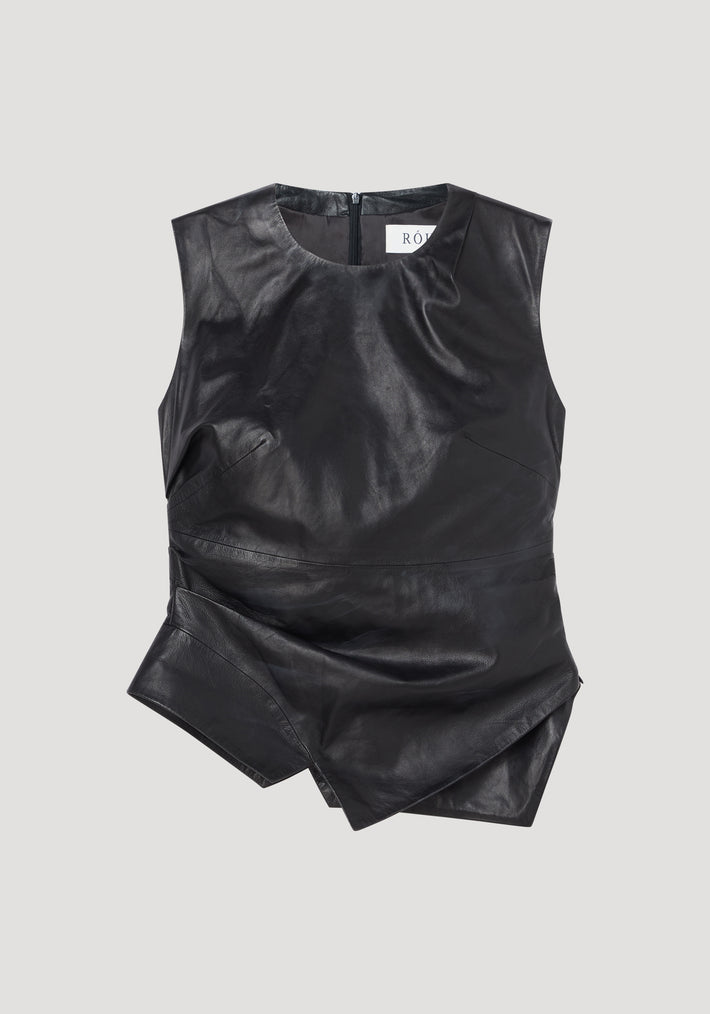 Sleeveless draped leather top | black