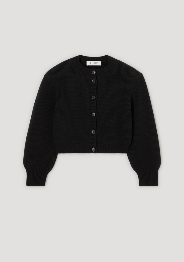 Statement shoulder cardigan in black, featuring a crew neckline, long sleeves, ribbed cuffs and hem, and a button row closure. Made of 100% pure wool.