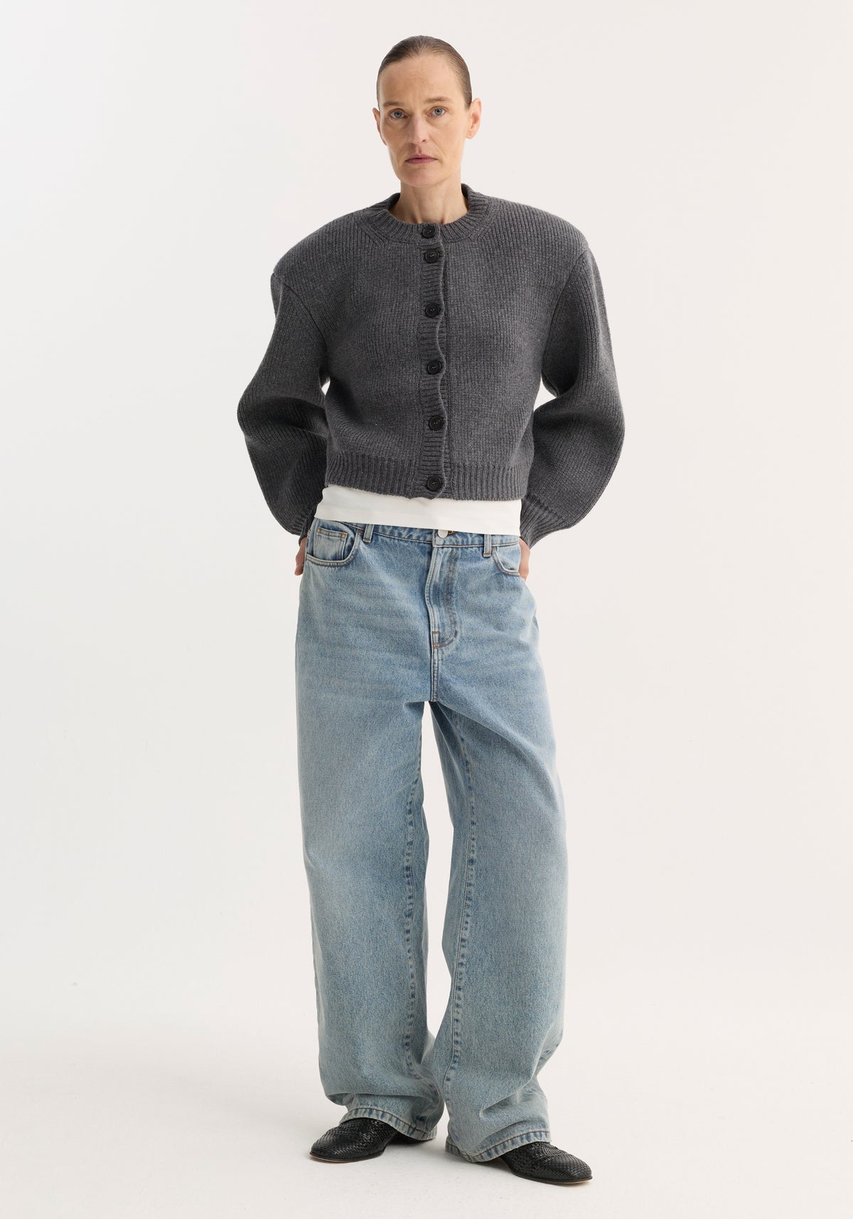 Statement shoulder cardigan | mid grey melange