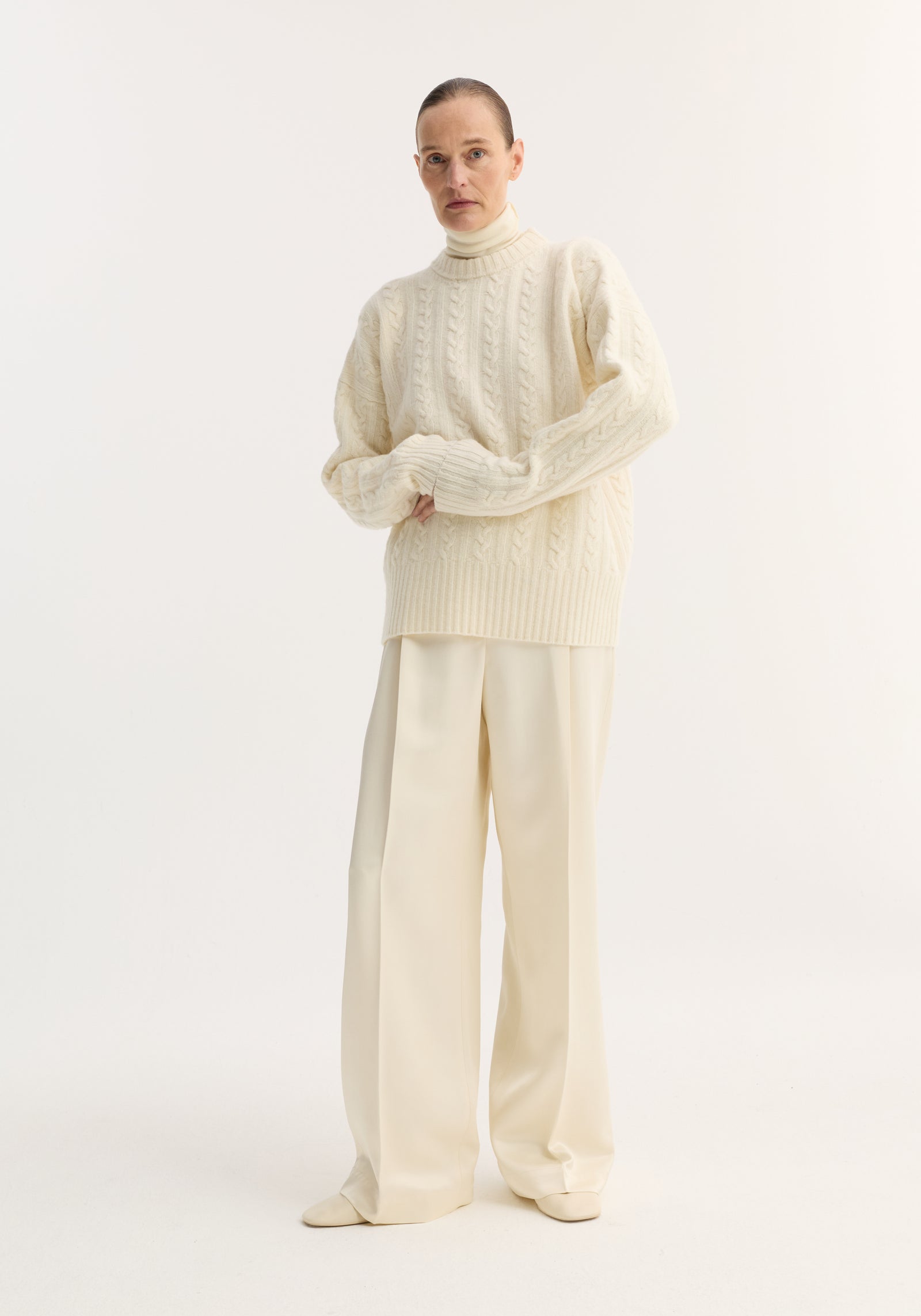 Relaxed drawstring satin trousers | cream