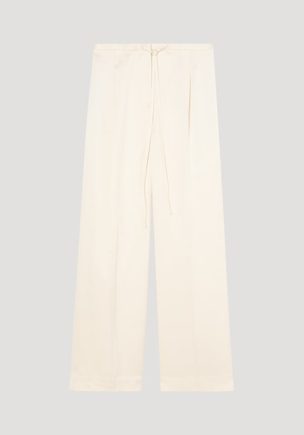 Relaxed drawstring satin trousers in cream, featuring a wide-leg design with front pleats and back welt pockets, crafted from soft viscose for elegance and comfort.