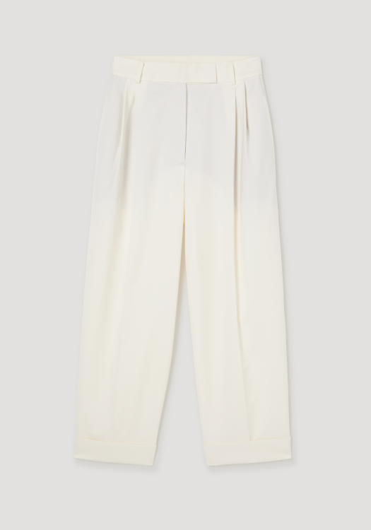 High-waist turn-up trousers in off white, featuring front pleats, belt loops, cuffed hem, wide-leg silhouette, and side seam pockets. Composition: 50% wool, 50% polyester.