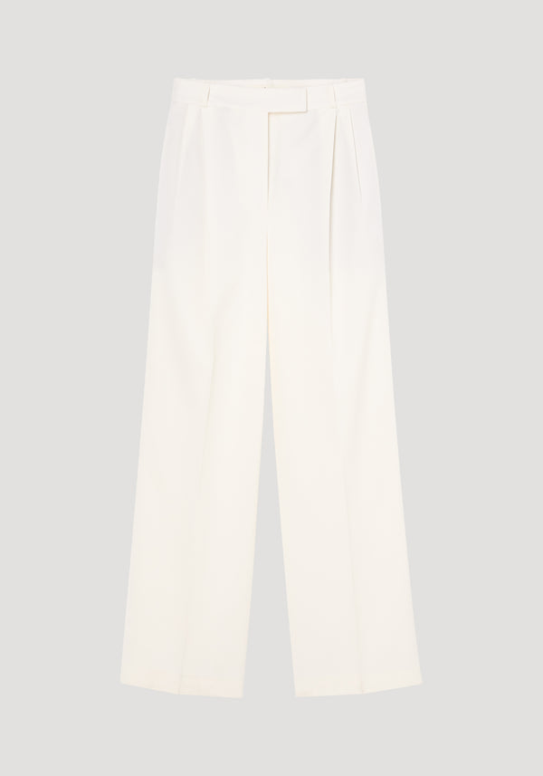 Mid-waist tailored trousers in off white, featuring wide legs, subtle front pleats, belt loops, and a relaxed, high-waisted silhouette.