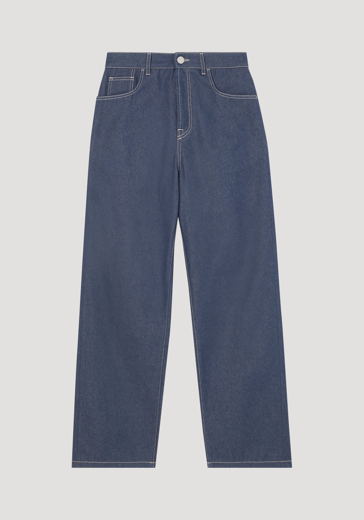 Barrel leg raw denim jeans, high-waisted with wide legs, front pockets, belt loops, contrast stitching, crafted from Italian cotton for a timeless silhouette.