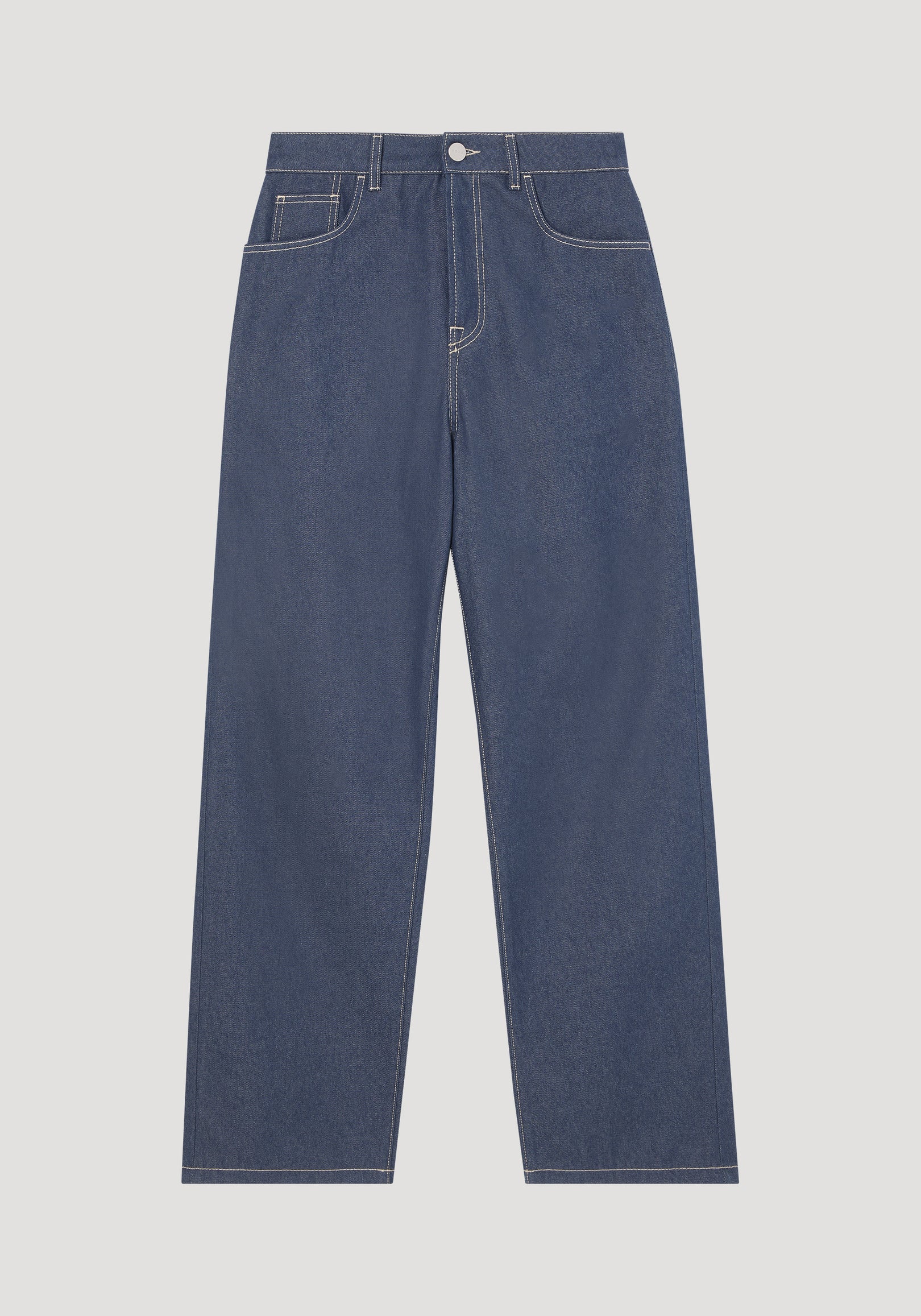 Barrel leg raw denim jeans, high-waisted with wide legs, front pockets, belt loops, contrast stitching, crafted from Italian cotton for a timeless silhouette.
