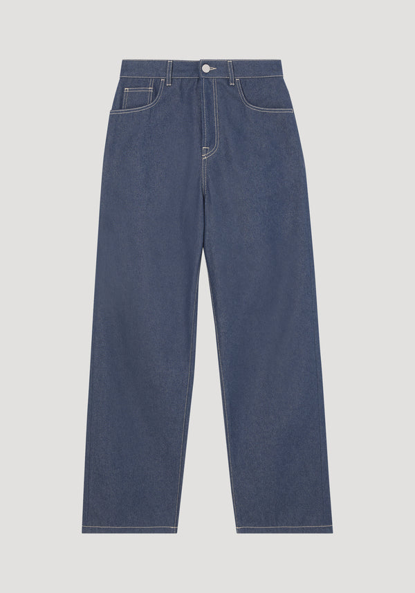 Barrel leg raw denim jeans, high-waisted with wide legs, front pockets, belt loops, contrast stitching, crafted from Italian cotton for a timeless silhouette.