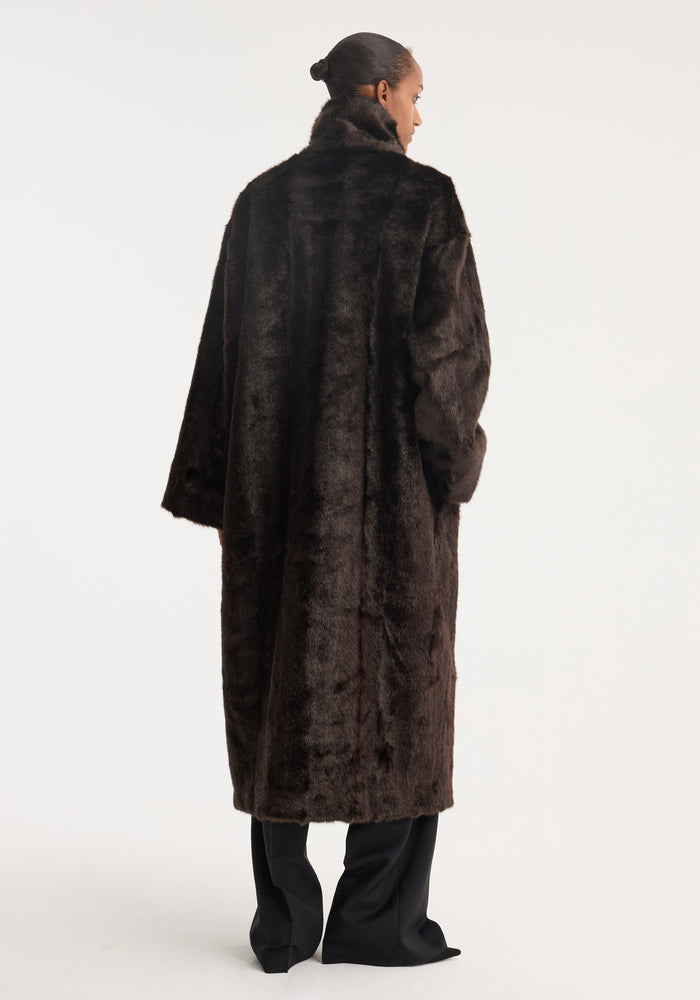 Mandarin faux fur coat | dark brown
