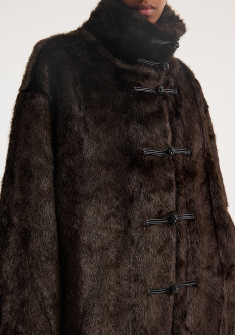 Mandarin faux fur coat | dark brown