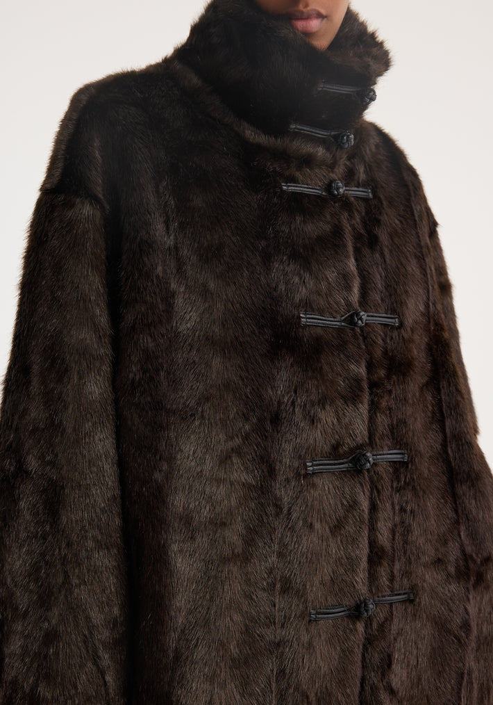 Mandarin faux fur coat | dark brown