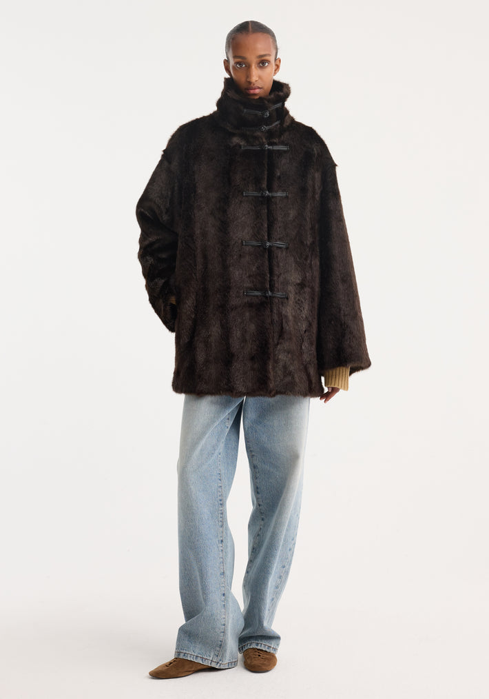 Mandarin faux fur short coat | dark brown