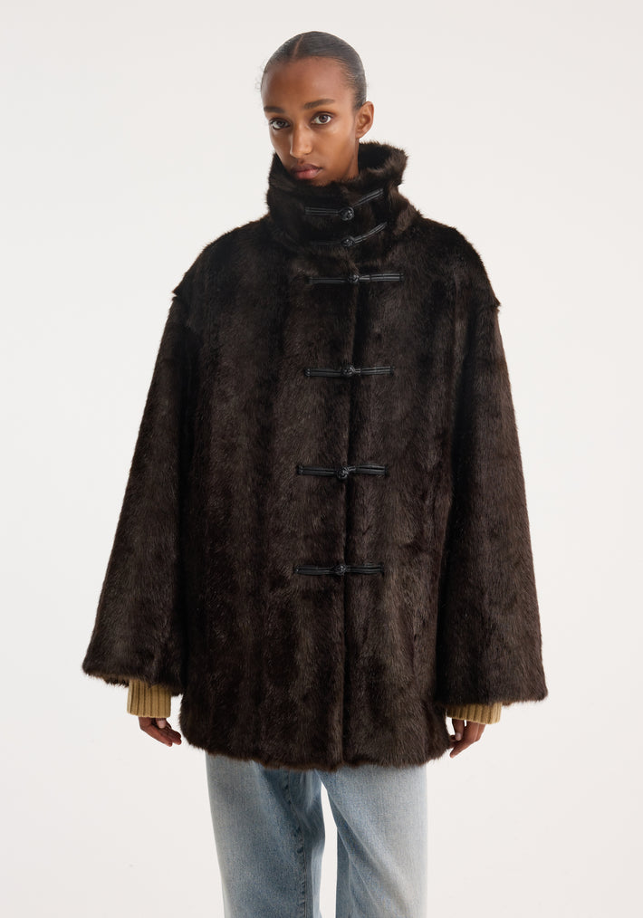 Mandarin faux fur short coat | dark brown