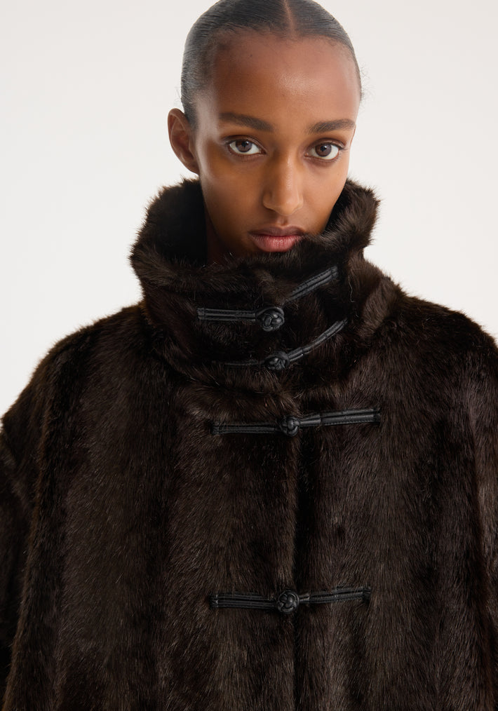 Mandarin faux fur short coat | dark brown