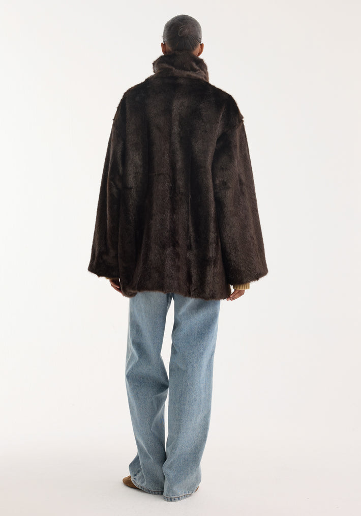 Mandarin faux fur short coat | dark brown