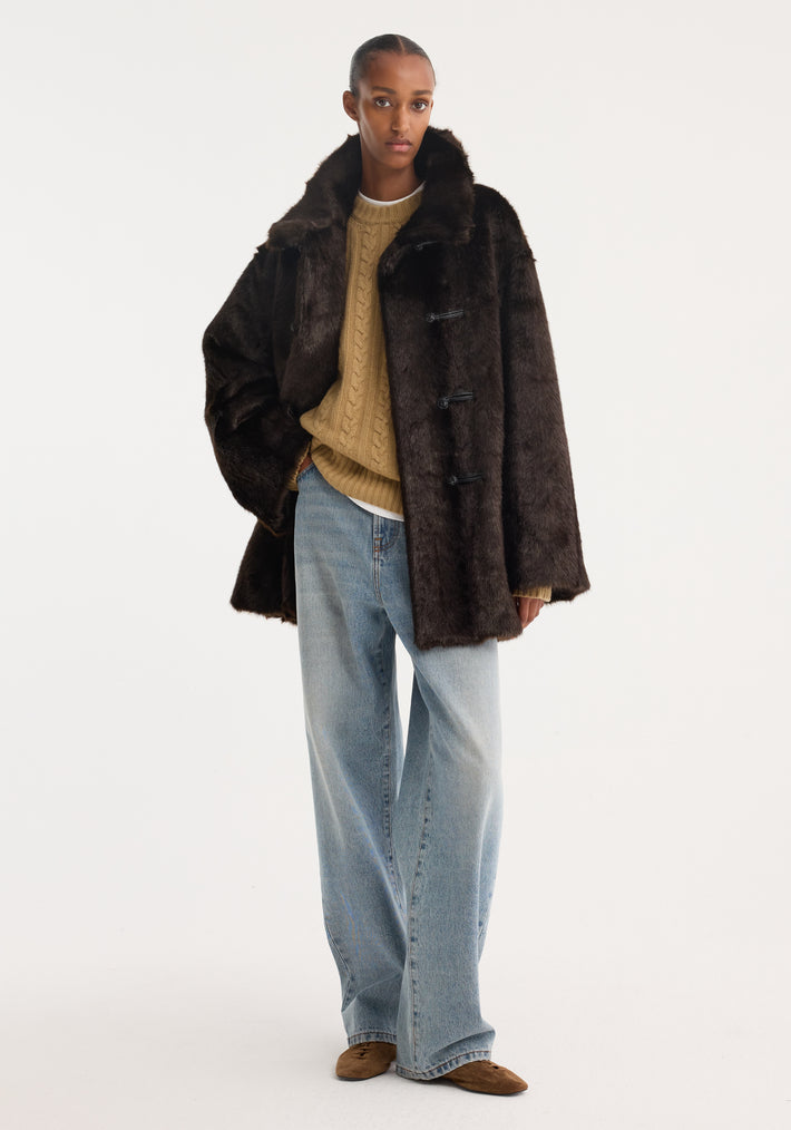 Mandarin faux fur short coat | dark brown