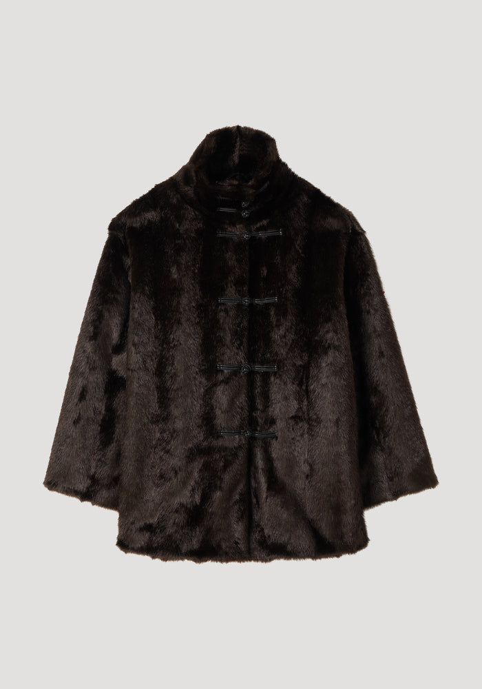 Mandarin faux fur short coat | dark brown