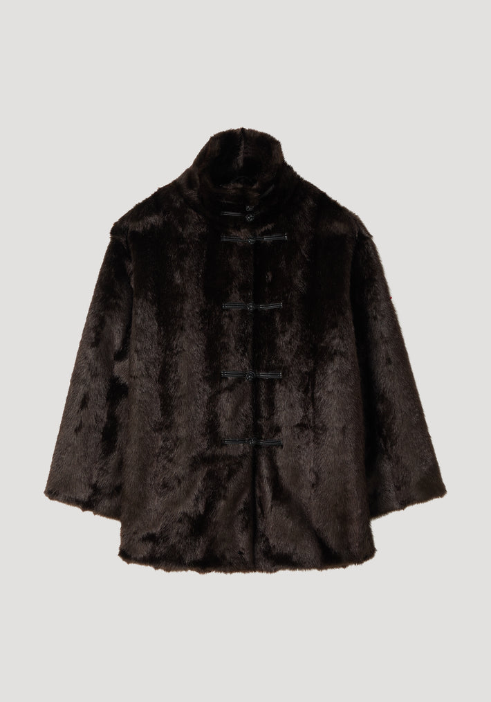 Mandarin faux fur short coat | dark brown