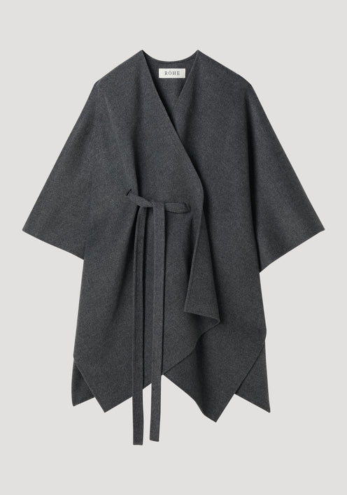 Double-faced belted poncho in mid grey melange, featuring a wrap style, wide sleeves, and a tie waist, crafted from a wool-cashmere blend.