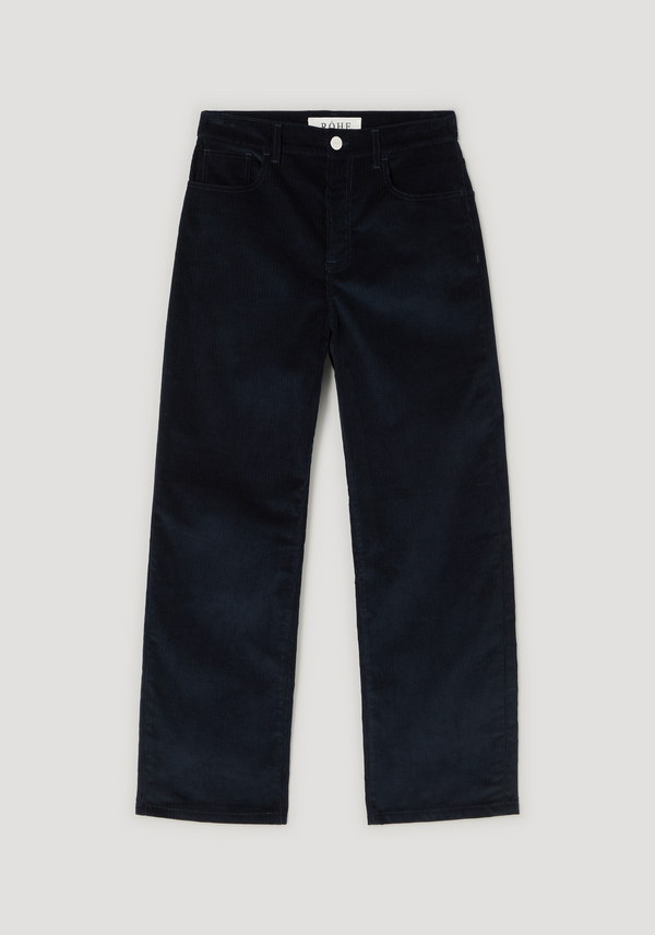 Relaxed corduroy trousers | night shown flat; high-waisted, straight-leg with front pockets, belt loops, and button-zip closure, crafted from 100% cotton for a utilitarian look.