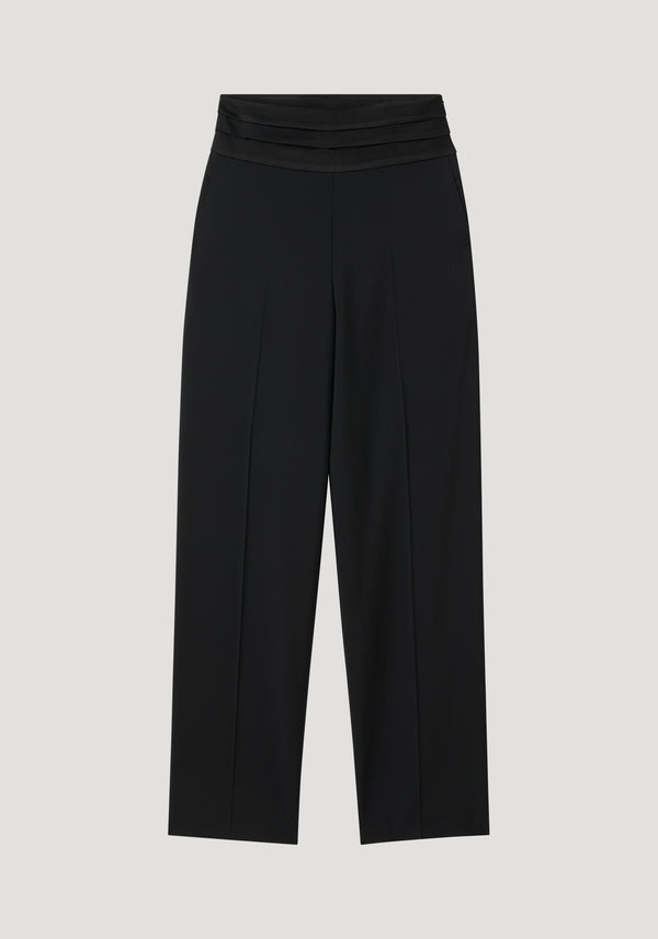 Cummerband trousers | black featuring a high satin waistband with shell buttons, straight wide legs, and slanted pockets, crafted from a wool-mohair blend.