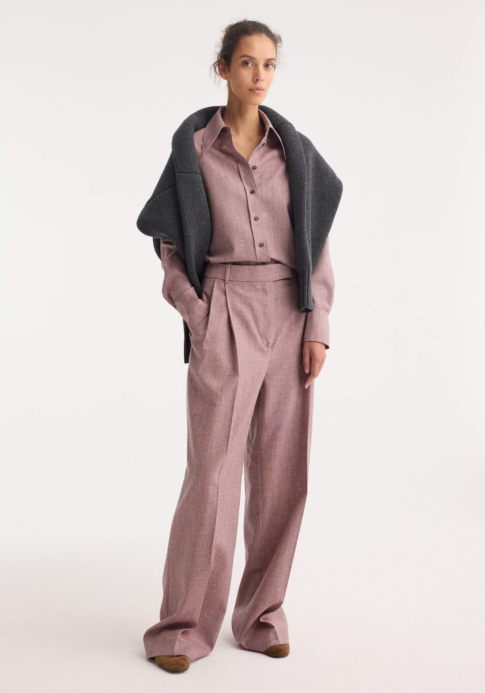 Mid-waist tweed trousers | mauve melange