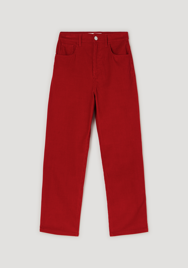 Relaxed corduroy trousers in deep red, showcasing a high-waisted, straight-leg design with classic five-pocket styling and textured ribs, laid flat to emphasize fabric detail.