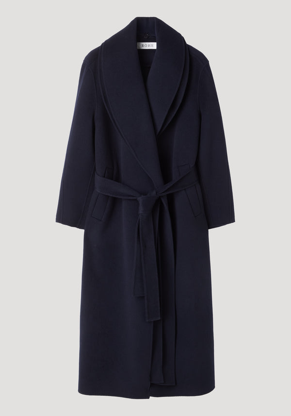 Signature double-faced scarf coat in navy with a double-layered scarf collar, wrap style, self-tie belt, mid-calf length, and front welt pockets.