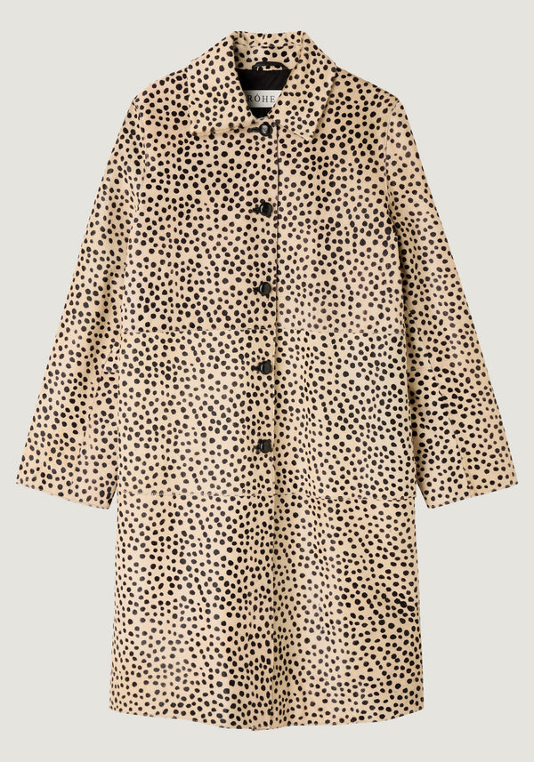Pony hair coat | cheetah: A long overcoat with an abstract leopard print, featuring leather-knotted button closures and hidden side-seam pockets, offering a refined silhouette.