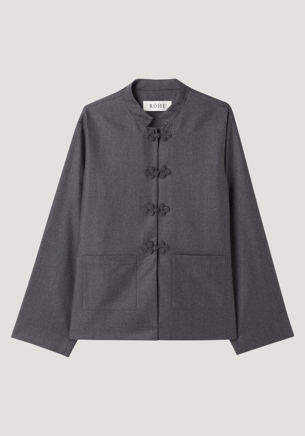 Mandarin jacket | dark grey melange. Features a boxy cut, mandarin collar, pankou closures, embroidered edges, and patch pockets. Made of 100% virgin wool.