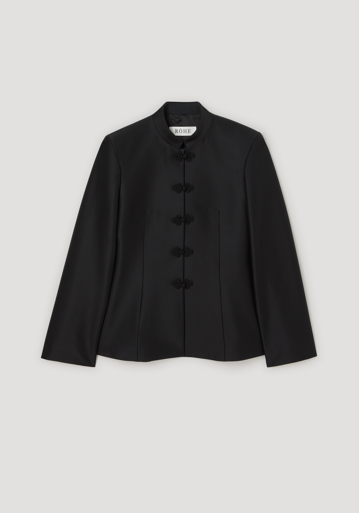 Sculptural mandarin blazer | black, featuring a fitted waist, stand collar, and five frog button closures, crafted from wool-silk for a refined silhouette.