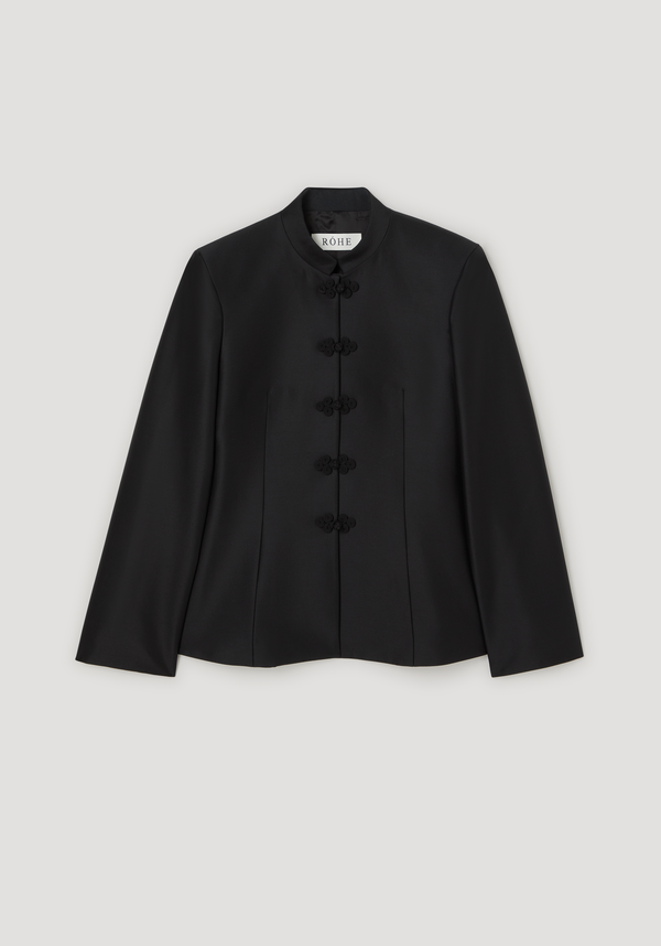 Sculptural mandarin blazer | black, featuring a fitted waist, stand collar, and five frog button closures, crafted from wool-silk for a refined silhouette.
