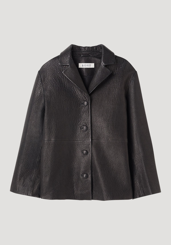 Leather jacket with small lapel featuring a pebbled texture, notched collar, long sleeves, single-breasted with four buttons, and side-seam pockets.