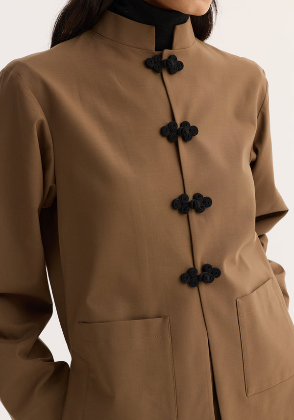 Mandarin Jacket | mocha, featuring wide sleeves, black pankou closures, and hip-level patch pockets, crafted from soft wool with a minimalist design.