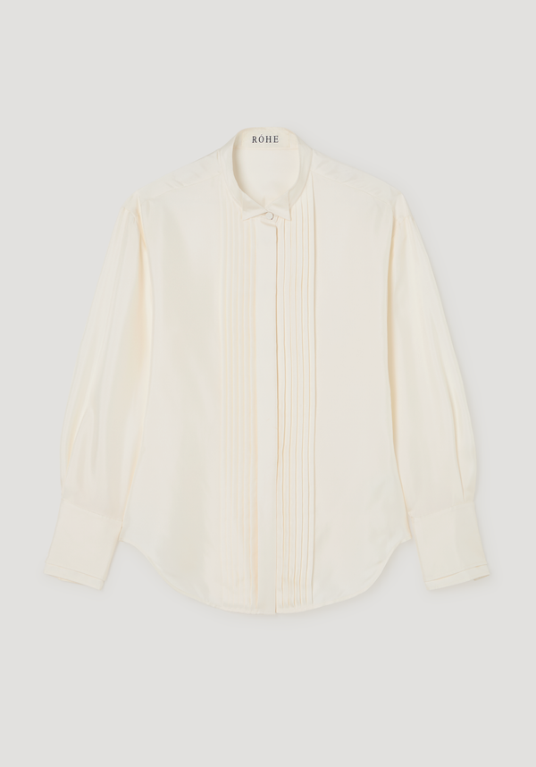 Shaped tuxedo silk shirt | cream features a concealed button placket, stand-up collar, pintuck pleats, and double cuffs, crafted from pure silk for elegance.