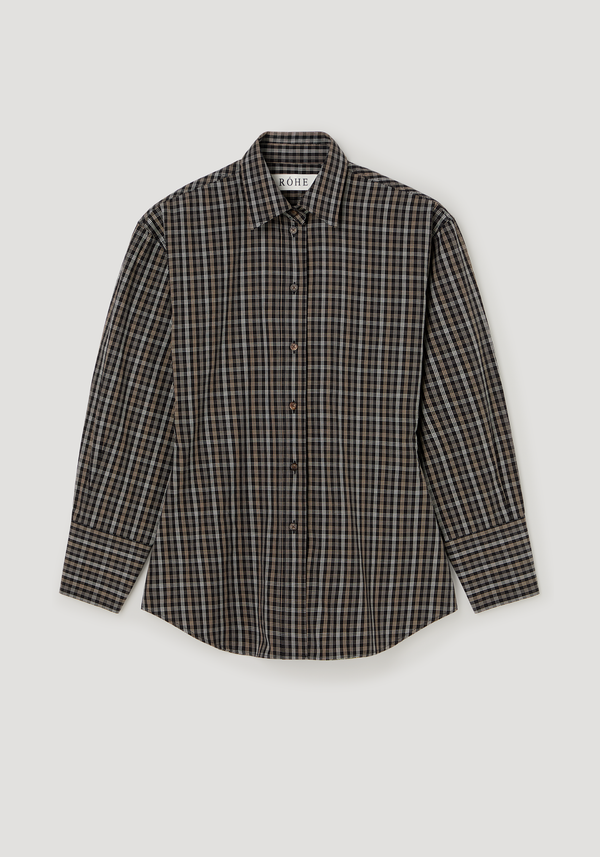 Checked shaped shirt with a small plaid pattern, relaxed hourglass silhouette, and button-front design. Features a RÓHE label inside the collar, made from 100% cotton.