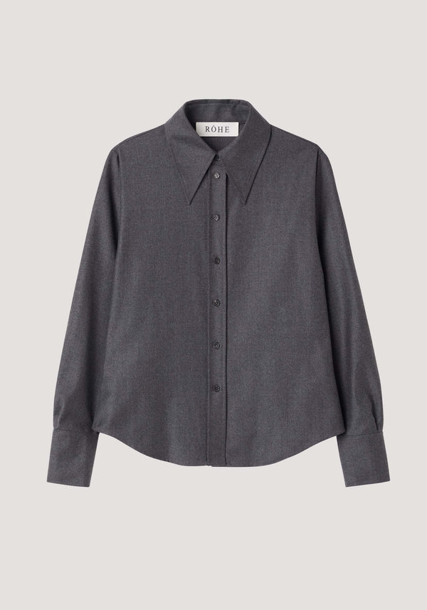 Fitted shirt in dark grey melange features a long-sleeve, button-down design with an exaggerated pointed collar, crafted from 100% virgin wool flannel.