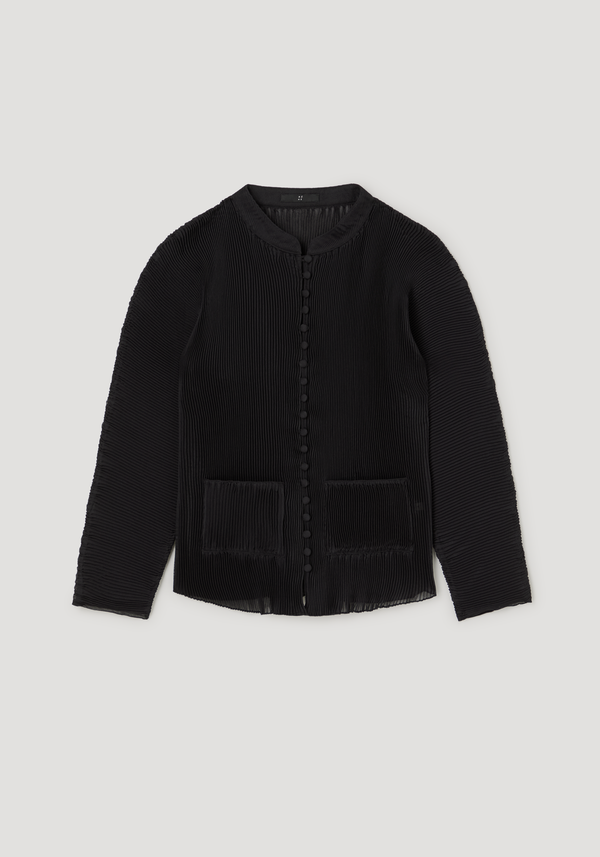 Plissé cardigan in black with a stand-up collar, fabric-covered buttons, and hip patch pockets. Slightly cropped fit, finely pleated polyester fabric.
