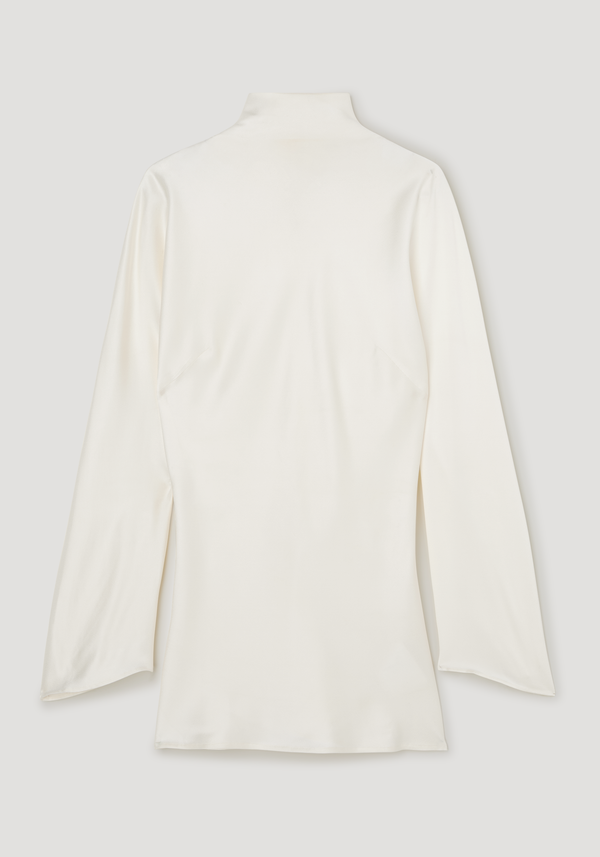 Satin waisted top in cream featuring a high neckline, long drapey sleeves, and delicate button closures along the upper back.