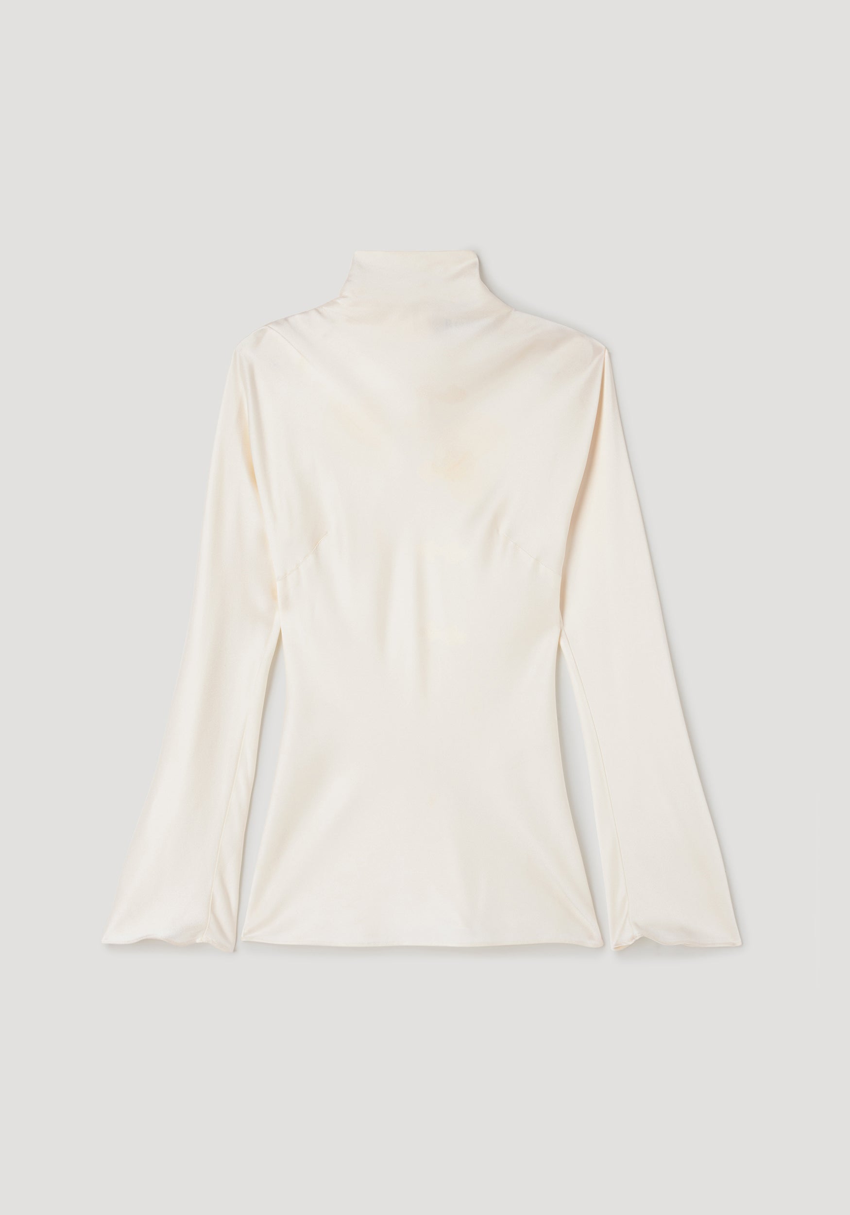 Satin waisted top | cream in a smooth satin fabric with long sleeves and a high neckline, featuring a fitted waist design for an elegant silhouette.
