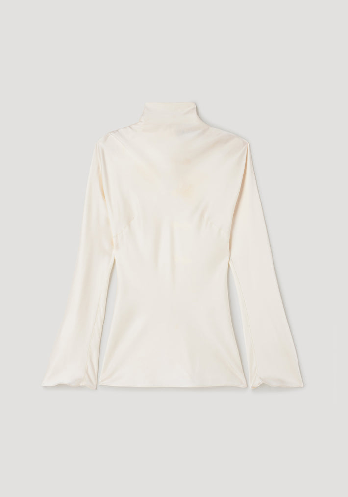 Satin waisted top | cream in a smooth satin fabric with long sleeves and a high neckline, featuring a fitted waist design for an elegant silhouette.