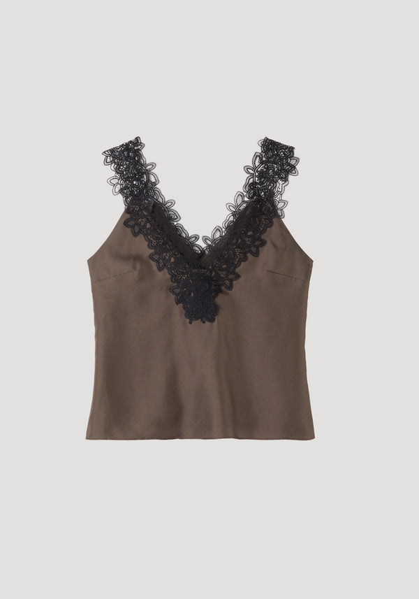 V-neck silk lace top | earth: Sleeveless silk camisole with scalloped black lace V-neck and straps, loose boxy cut.