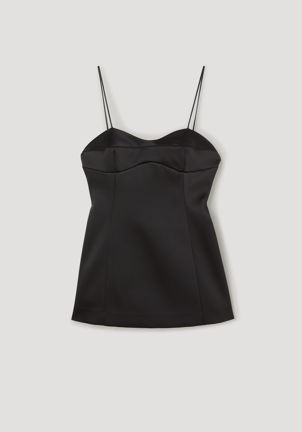 Bustier top | black features a sleek mini dress with a fitted bodice, sweetheart neckline, adjustable spaghetti straps, and subtle bustier stitching.