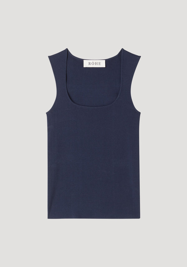 Bustier shaped knitted top | navy—sleeveless, fitted, with a scooped square neckline. Crafted from a dense viscose blend, ideal for layering. Label reads “RÓHE.”