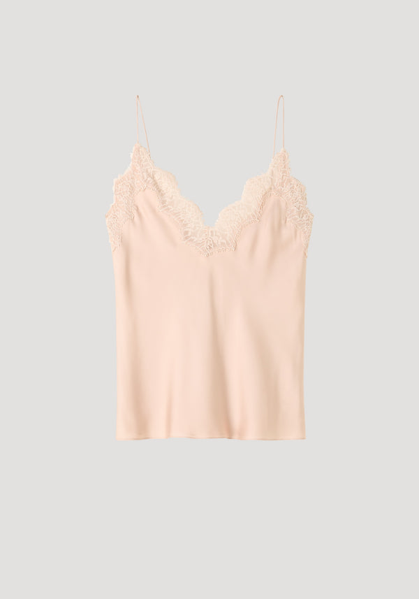 Lace silk camisole | rose with delicate lace V-neck, adjustable spaghetti straps, and smooth silky texture, showcasing elegant and refined design.