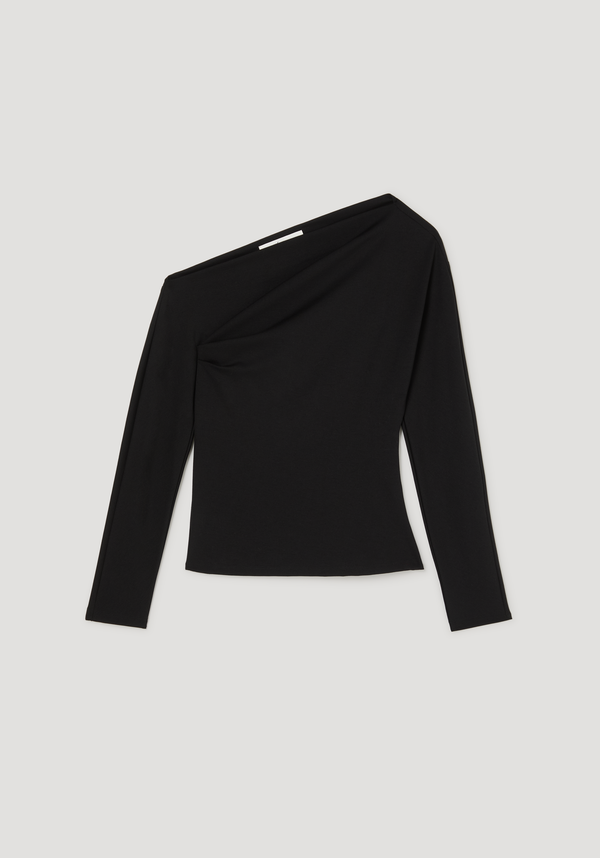 Twisted jersey top | black: Black long-sleeve top featuring an asymmetrical one-shoulder neckline and draped twist at the waist, showcasing a sculpted, flattering silhouette.