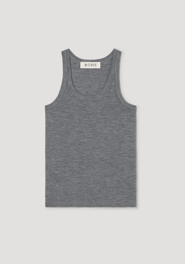 Merino scoop neck top | mid grey melange, featuring a fitted, sleeveless design in soft jersey knit, made from 100% merino wool, with a RÓHE label.