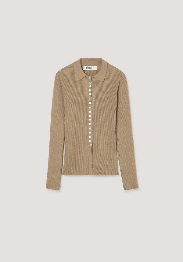 Elongated rib cardigan in taupe melange with a polo-style collar, button front, and subtle hem flare. Features RÓHE label at the neckline.